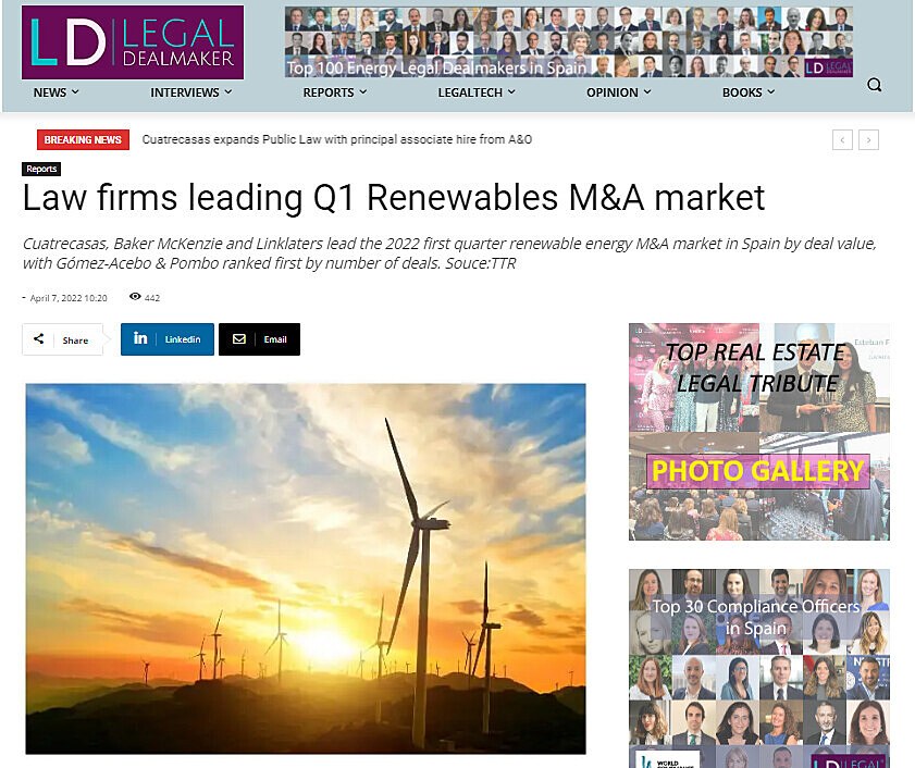 Law firms leading Q1 Renewables M&A market